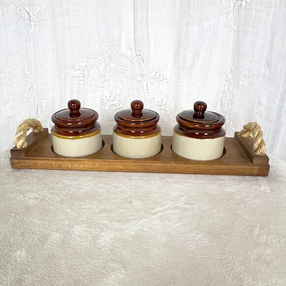 Armbee San Francisco Mini-Crock Pots Lidded With Wooden Carrier - Picture 2 of 9